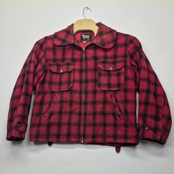 Vintage Woolrich Jacket Mens 44 Red Plaid Talon Zip Distressed Workwear Mackinaw